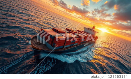 Aerial View of Large Container Cargo Ship Sailing in the Ocean 125363154