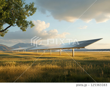 Solar farm renewable energy. Concept of energy and saving to save the environment. AI Generated. 125363163