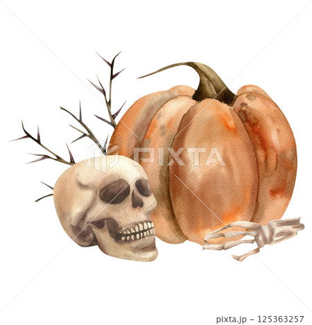 Halloween scary composition with orang pumpkin, skull and dead hand with floral watercolor illustration. Hand drawn spooky clipart, gothic and esoteric theme painting for poster, card,label, design Halloween scary composition with orang pumpkin, skull and dead hand with floral watercolor illustration. Hand drawn spooky clipart, gothic and esoteric theme painting for poster, card,label, design 125363257
