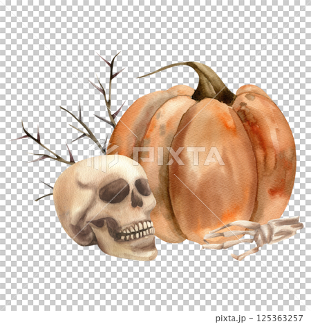 Halloween scary composition with orang pumpkin, skull and dead hand with floral watercolor illustration. Hand drawn spooky clipart, gothic and esoteric theme painting for poster, card,label, design 125363257