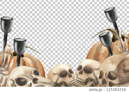 Halloween template with skulls,dead hand,candlestick and orange pumpkins watercolor illustration. Hand drawn frame with gothic clipart, scary esoteric theme for poster,festive card,invitation design 125363258