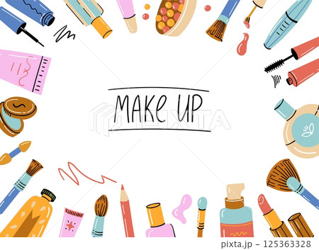 Makeup hand drawn icons. Doodle cosmetic products frame, sketch lipstick makeup brush nail polish face cream, fashion woman cosmetics accessories. Vector border 125363328