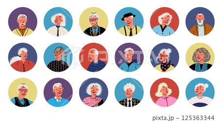 Elderly people avatar. Senior male female face avatars, old grandfather grandmother character portraits, group of different older people, elder age persons. Vector collection 125363344
