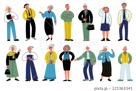 Senior business people. Office employee persons, doodle elder corporate businessman businesswoman characters at work, senior people employment inclusion. Vector elderly persons set 125363345