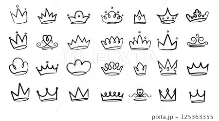 Doodle crown. King queen princess sketch crowns, royal tiara icons, luxury line diadems for prince princess, vintage medieval head accessories. Vector crowns logo set 125363355