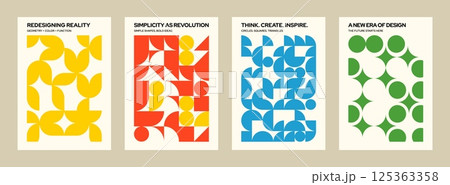 Abstract bauhaus shapes posters. Geometric minimalistic pattern banners with simple geometry shapes and forms, modern Swiss style covers design. Vector abstraction banner set 125363358
