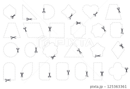 Dash line coupon. Scissors rectangle shape cut, dotted geometric banner, paper discount stickers with outline square circle dashed frames and scissor icons. Vector isolated set Dash line coupon. Scissors rectangle shape cut, dotted geometric banner, paper discount stickers with outline square circle dashed frames and scissor icons. Vector isolated set 125363361