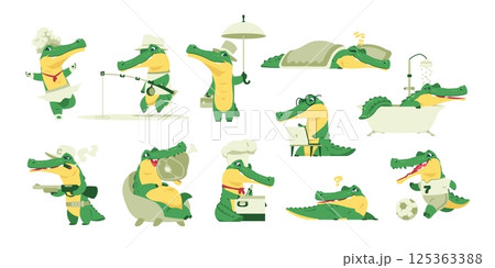 Cute alligator animal. Cartoon crocodile characters, funny childish alligators activity reptile mascots, cheerful wildlife zoo flat crocodiles. Vector animals isolated set 125363388