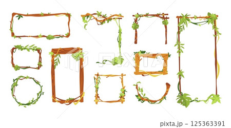 Cartoon liana frame. Vine branch game border with jungle lianas trees ivy leaves, round vines wreath green hanging plants games asset design, gaming UI frames. Vector lianas set Cartoon liana frame. Vine branch game border with jungle lianas trees ivy leaves, round vines wreath green hanging plants games asset design, gaming UI frames. Vector lianas set 125363391