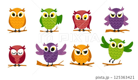 Cute owl on branch. Cartoon owl bird character, colorful zoo wildlife nocturnal predator birds with big eyes, owls flat collection. Vector bird isolated set Cute owl on branch. Cartoon owl bird character, colorful zoo wildlife nocturnal predator birds with big eyes, owls flat collection. Vector bird isolated set 125363421