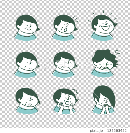Middle-aged woman with various expressions, facing right, from neck up Middle-aged woman with various expressions, facing right, from neck up 125363432