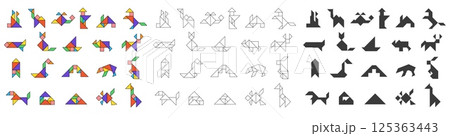 Tangram shapes. Traditional outline and silhouette Chinese geometric puzzle game with seven pieces, abstract flat geometry triangle square rhombus shapes. Vector tangram set Tangram shapes. Traditional outline and silhouette Chinese geometric puzzle game with seven pieces, abstract flat geometry triangle square rhombus shapes. Vector tangram set 125363443