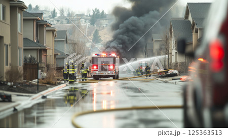 Firefighting scene with fire trucks and blurred firefighter on wet street 125363513