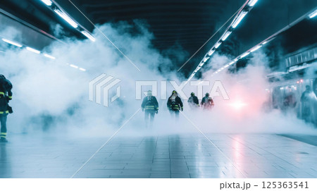 Firefighters in subway responding to emergency in smoky tunnel 125363541