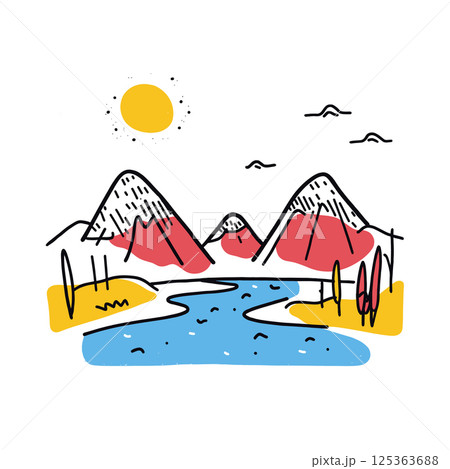 Glacier National Park illustration in an doodle inca cartoon style. Simple minimalist drawing of Glacier National Park Glacier National Park illustration in an doodle inca cartoon style. Simple minimalist drawing of Glacier National Park 125363688