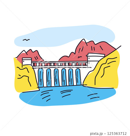 Hoover Dam illustration in an doodle inca cartoon style. Simple minimalist drawing of Hoover Dam 125363712