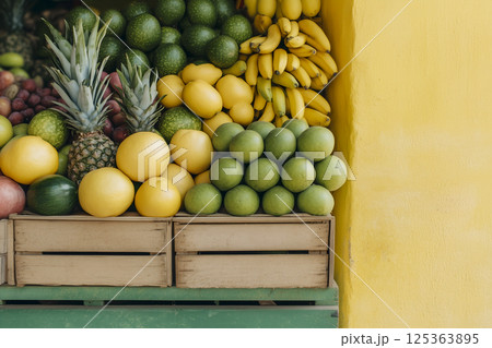 Crate of fruit is on a table 125363895