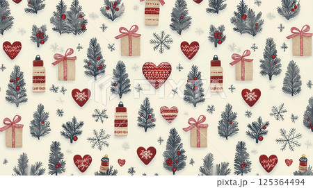 ハートと冬の植物が彩るクリスマスデザインイラスト素材 125364494