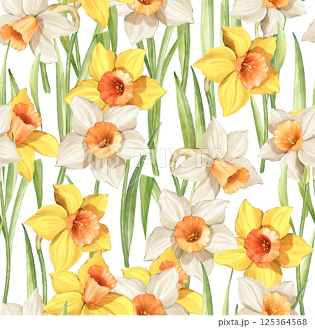 Seamless pattern of yellow and white daffodils with green leaves. Seamless pattern of yellow and white daffodils with green leaves. 125364568