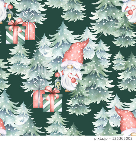 Christmas seamless pattern with gnome with lantern, spruces snow-covered and gift boxes bow tied. Watercolor illustration on dark green background for New Year festive packaging paper, fabric print. 125365002