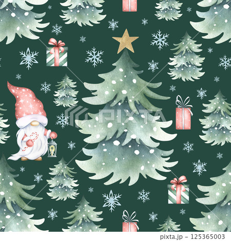 Christmas seamless pattern with gnome, lantern, spruces snow-covered, snowflakes and gift boxes. Watercolor illustration on dark green background for New Year festive packaging, fabric print, textile. 125365003