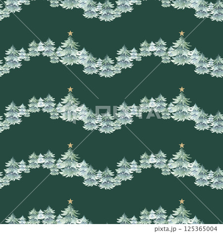 Christmas watercolor spruces snow-covered with festive golden star decoration hand drawn seamless pattern on dark green. Forest winter landscape for New Year festive packing paper, fabric and textile. Christmas watercolor spruces snow-covered with festive golden star decoration hand drawn seamless pattern on dark green. Forest winter landscape for New Year festive packing paper, fabric and textile. 125365004