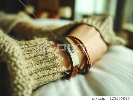 スリープテック　睡眠状況を記録するデバイスをつけて寝る女性のイメージ素材 125365037