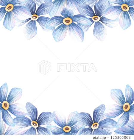 Blue flowers vintage square frame with forget-me-not blossom border. Botanical spring template with myosotis bloom. Perfect for botanical wedding arrangement, seasonal greeting card, retro postcard 125365068