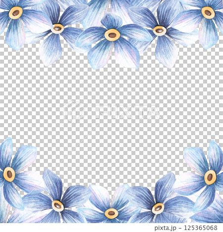 Blue flowers vintage square frame with forget-me-not blossom border. Botanical spring template with myosotis bloom. Perfect for botanical wedding arrangement, seasonal greeting card, retro postcard 125365068