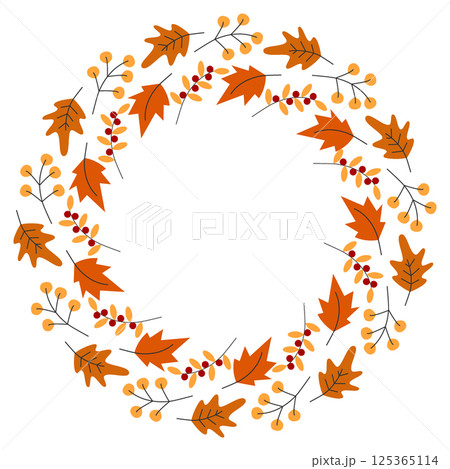 Freehand Autumn twigs Berry sprigs Oak and Maple Leaves Circle Frame border Copy space Template idea 125365114