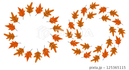 Hand drawn Oak and Maple leaves Circle Frame border Trendy Fall shades Copy space Template idea Set 125365115