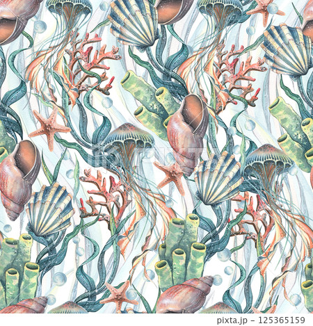 Jellyfish, seashells, seaweed, starfish, corals, sea sponges and pebbles, bubbles. Marine, nautical watercolor illustration of the underwater world hand drawn. Seamless pattern wave ornament Jellyfish, seashells, seaweed, starfish, corals, sea sponges and pebbles, bubbles. Marine, nautical watercolor illustration of the underwater world hand drawn. Seamless pattern wave ornament 125365159