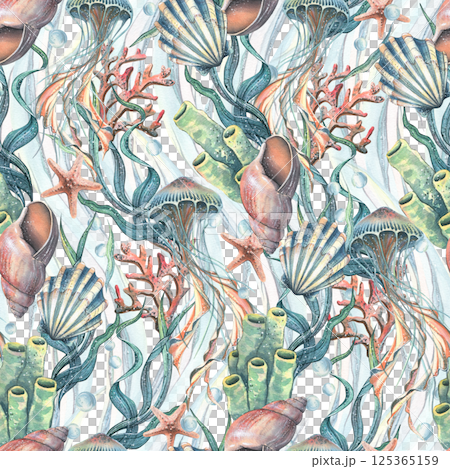 Jellyfish, seashells, seaweed, starfish, corals, sea sponges and pebbles, bubbles. Marine, nautical watercolor illustration of the underwater world hand drawn. Seamless pattern wave ornament Jellyfish, seashells, seaweed, starfish, corals, sea sponges and pebbles, bubbles. Marine, nautical watercolor illustration of the underwater world hand drawn. Seamless pattern wave ornament 125365159