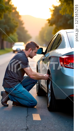 Man crouches by car on roadside, changing a flat tire as the sun sets 125365293