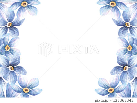 Blue flowers horizontal frame with vintage forget-me-not blossom decor. Floral spring template with myosotis bloom. Perfect for elegant wedding invitations, seasonal arrangement, greeting card Blue flowers horizontal frame with vintage forget-me-not blossom decor. Floral spring template with myosotis bloom. Perfect for elegant wedding invitations, seasonal arrangement, greeting card 125365343