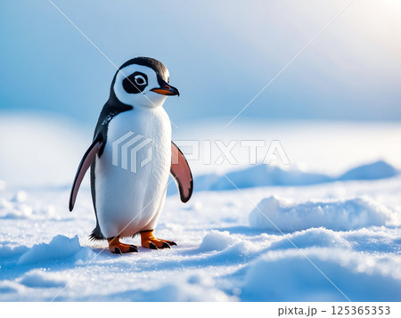 A cute Little Penguin, the smallest species of penguin, standing on snowy ice. 125365353