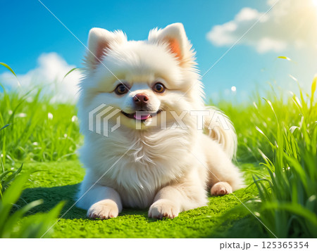 Portrait of a cute young white Pomeranian Dog crouching on green grass field. 125365354