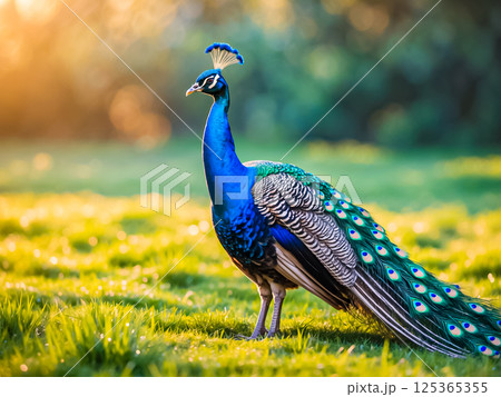 An adult colorful Peacock standing in the green grass field. 125365355