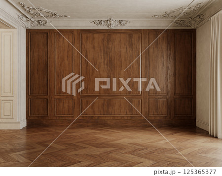 Classic empty interior with wood panels and parquet. 3d render illustration mockup. 125365377