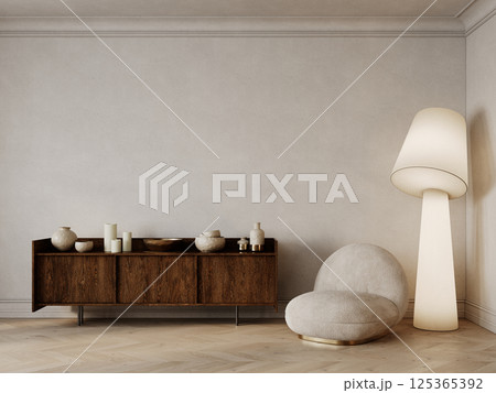Classic beige interior with blank wall, dresser with decor, armchair, floor lamp, coffee table and wood floor. 3d render illustration mockup. Classic beige interior with blank wall, dresser with decor, armchair, floor lamp, coffee table and wood floor. 3d render illustration mockup. 125365392