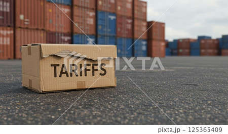 A row of shipping containers lined up along industrial tracks, with one container prominently displaying the word "Tariffs" in bold letters; blurred harbor cranes loom in the background 125365409