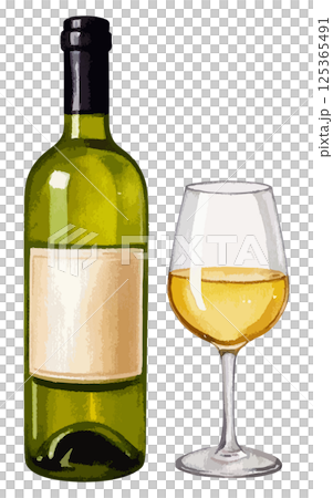 AI 生成的一瓶和一杯白葡萄酒的水彩插圖 AI 生成的一瓶和一杯白葡萄酒的水彩插圖 125365491