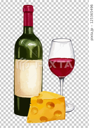 Watercolor illustration of a bottle of red wine, a glass and cheese AI generation Watercolor illustration of a bottle of red wine, a glass and cheese AI generation 125365496