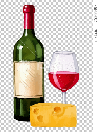 Watercolor illustration of a bottle of red wine, a glass and cheese AI generation 125365498