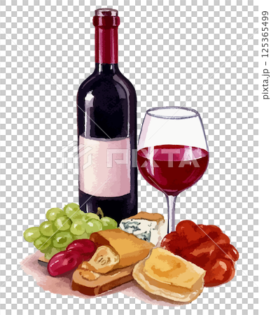 Watercolor illustration of a bottle of red wine, a glass and snacks - AI generation 125365499