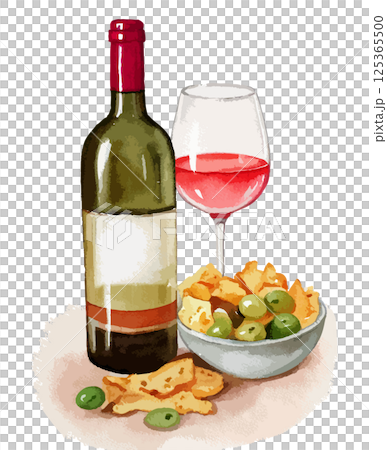 Watercolor illustration of a bottle of red wine, a glass and snacks - AI generation 125365500