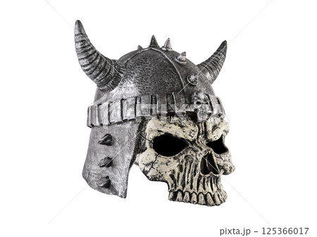 Human skull with horned helmet isolated on white background with clipping path 125366017