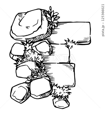 Top view stone pavement with grass, hand drawn. architectural ink drawing, vector.	 125366021