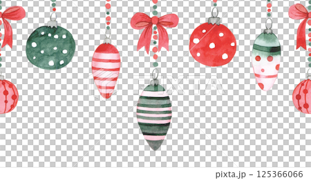 Watercolor illustration, seamless border of cute Christmas bows and tree toys. 125366066