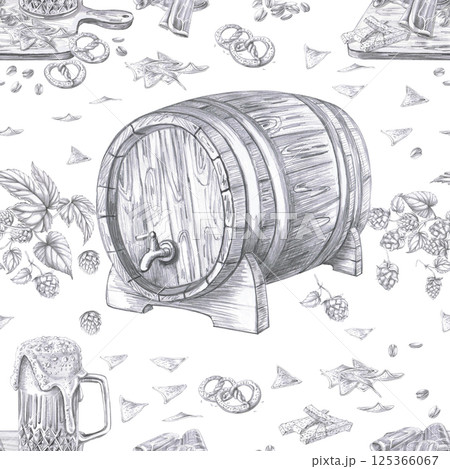 Seamless pattern with a barrel, a glass of beer and snacks. Pencil illustration on a white background for the design of bars, menus, wrapping paper, printing on fabric and posters. Seamless pattern with a barrel, a glass of beer and snacks. Pencil illustration on a white background for the design of bars, menus, wrapping paper, printing on fabric and posters. 125366067